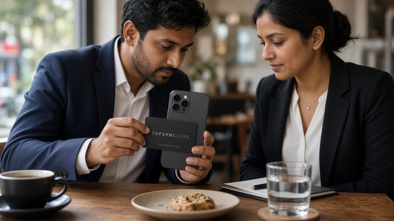 Two people at a cafe. One holds a TAPSYNC Core card to an iPhone.