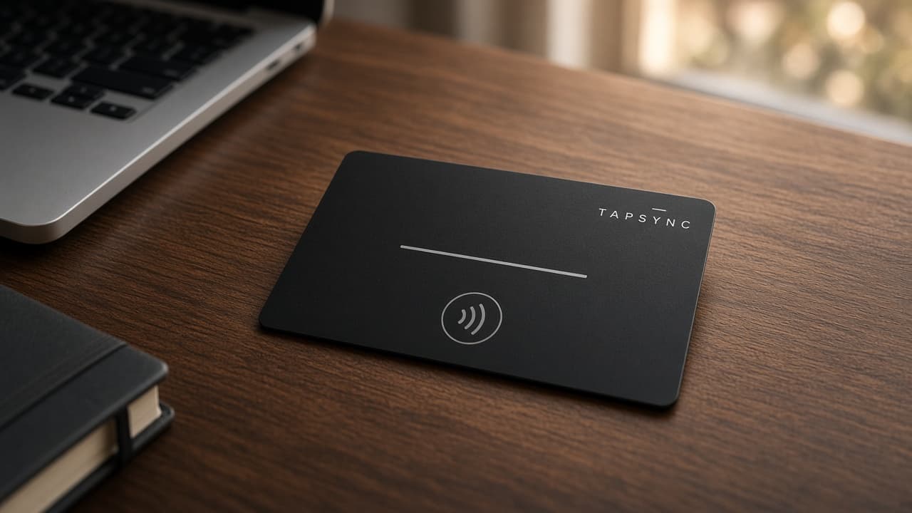 A TAPSYNC Digital Card on a desk. The card does not move.