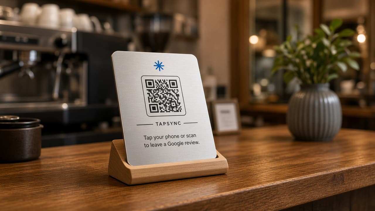 A TAPSYNC Google Review stand on a café counter