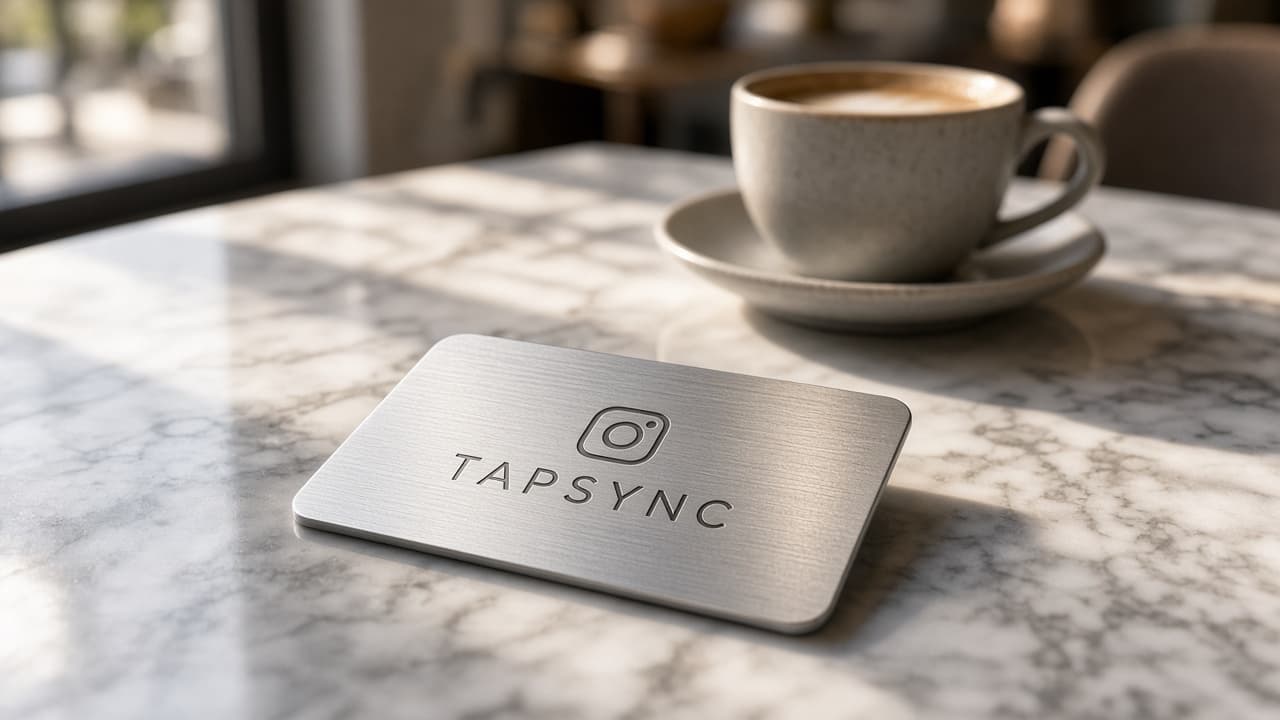 A TAPSYNC social media card on a café table