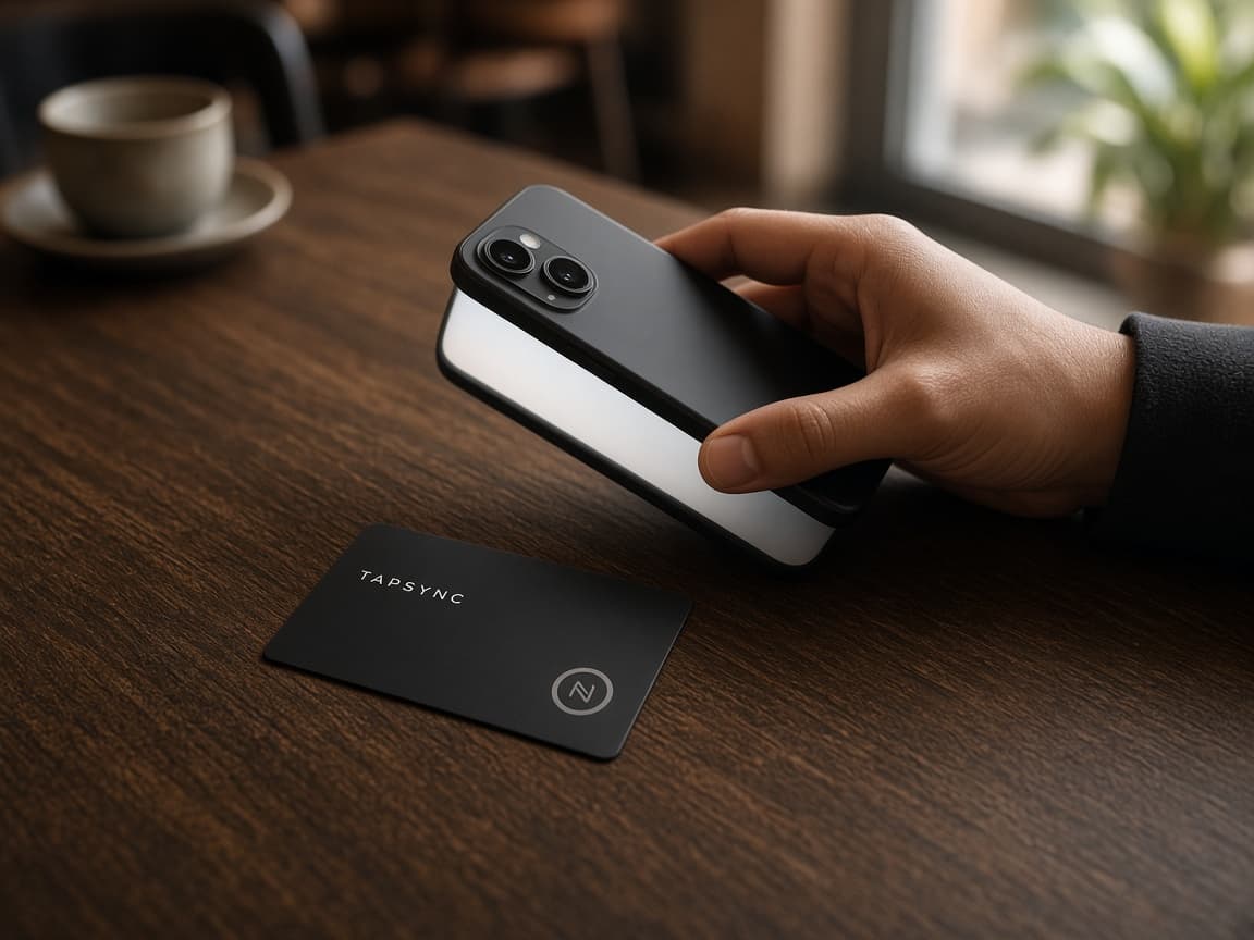 A phone held toward a TAPSYNC card on a table