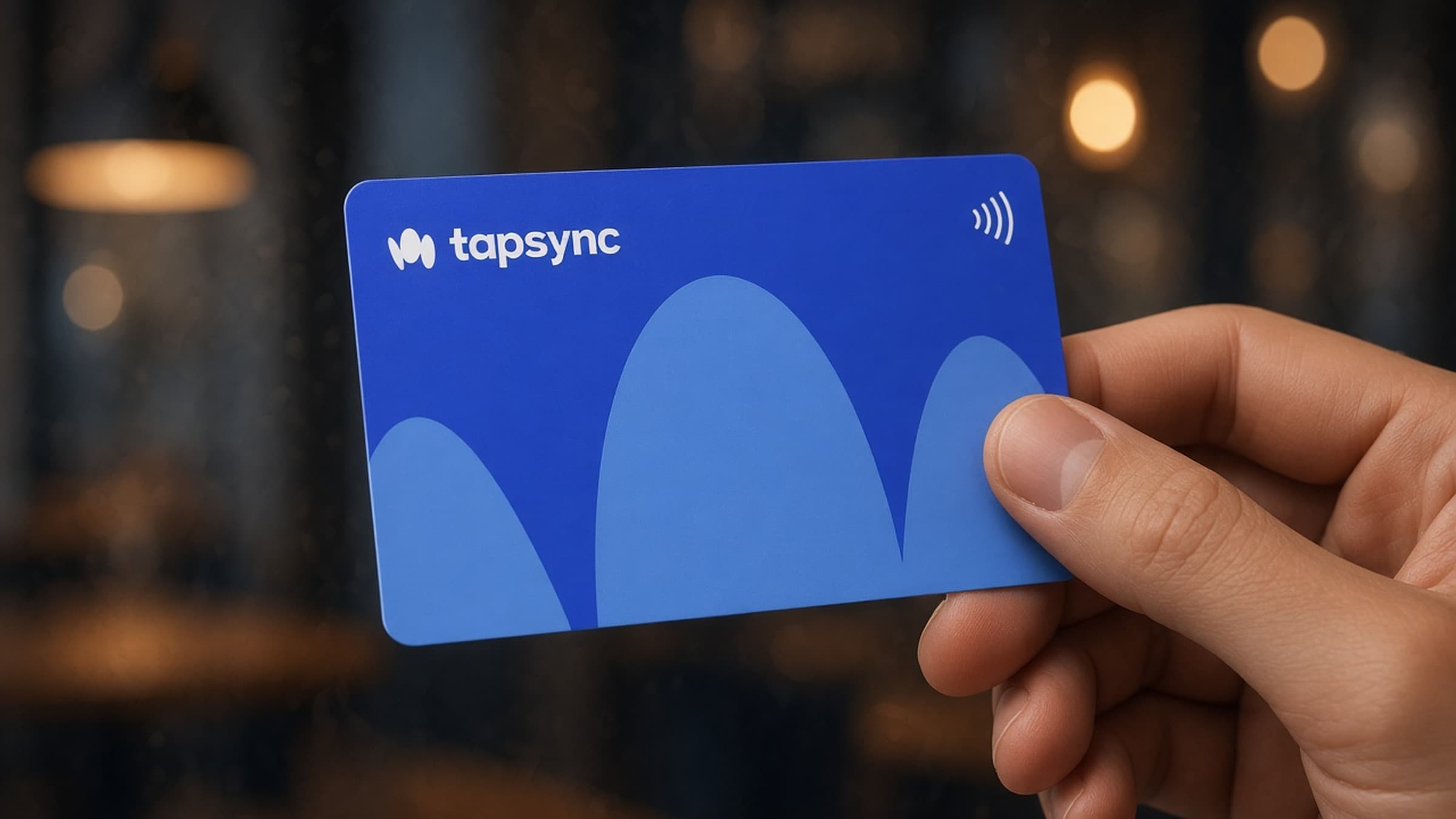 Hand presenting a TAPSYNC Core NFC card — Digital Cards hero