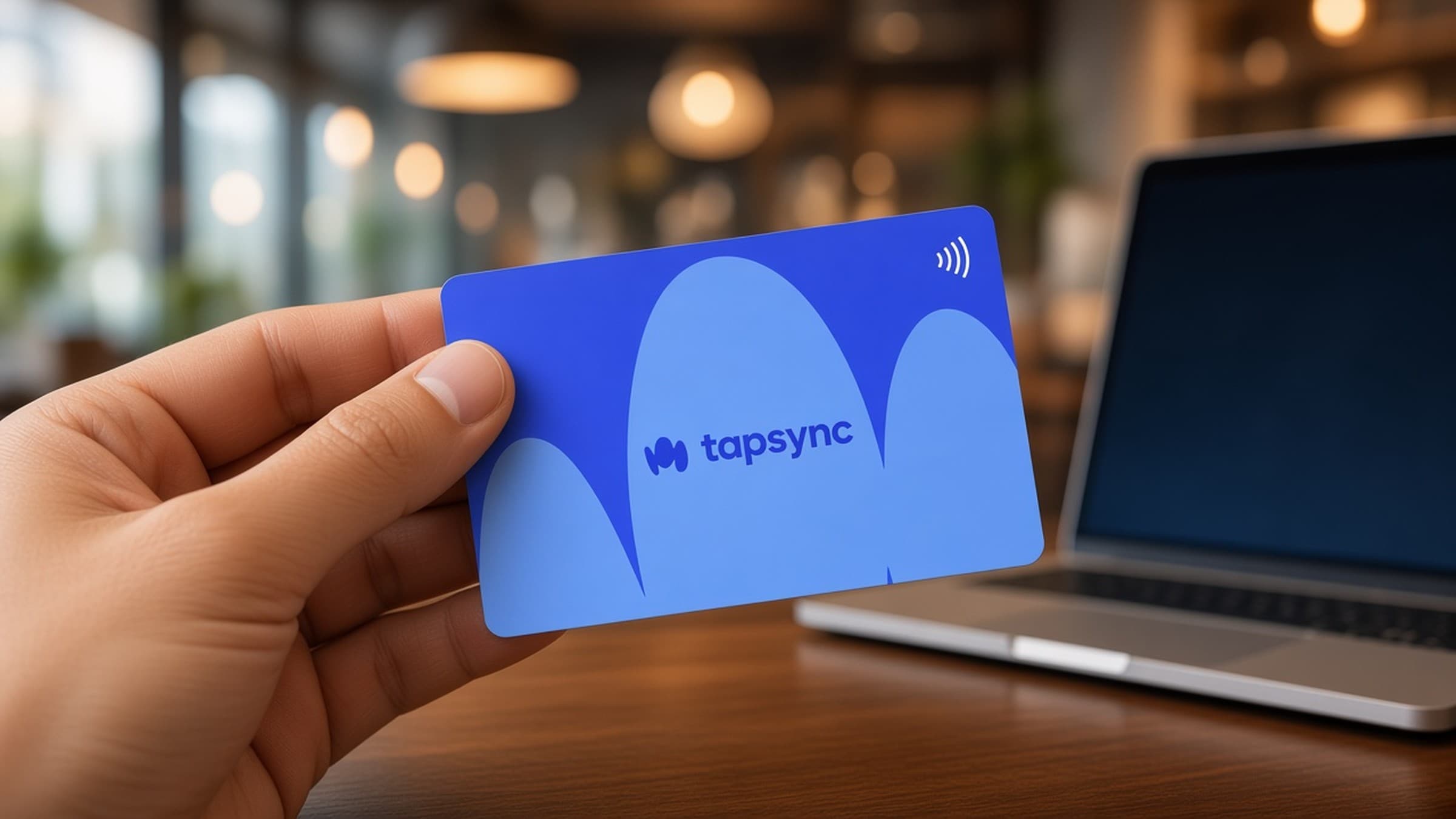 A TAPSYNC Core card held to an iPhone at a cafe table