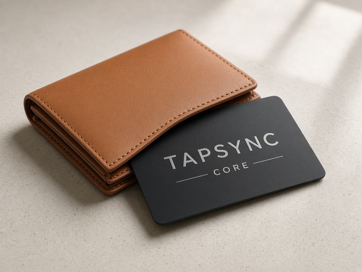 A TAPSYNC Core card sliding out of a leather wallet