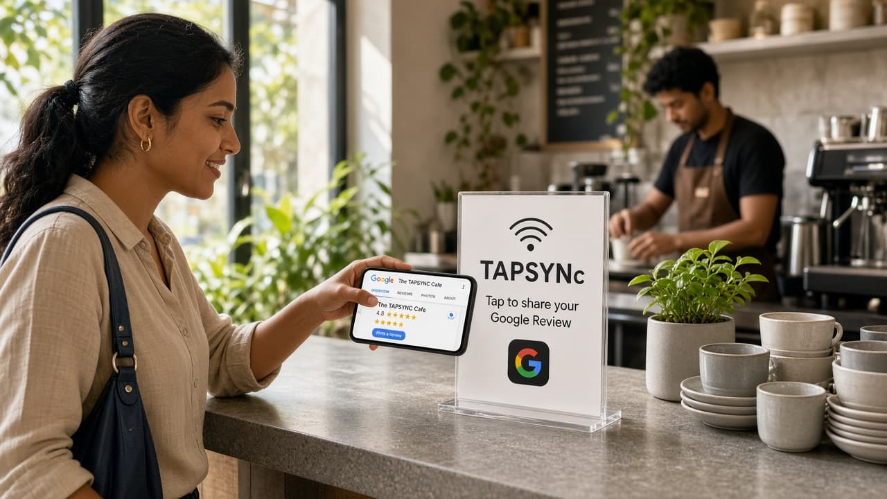 A guest tapping a TAPSYNC Review stand at a café