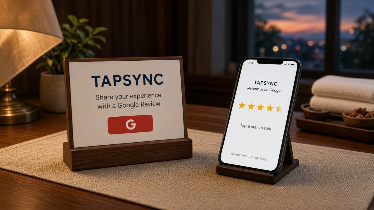 TAPSYNC Google Review stand in a hospitality setting