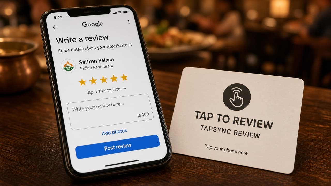 Google write-a-review opening on an iPhone next to a TAPSYNC card