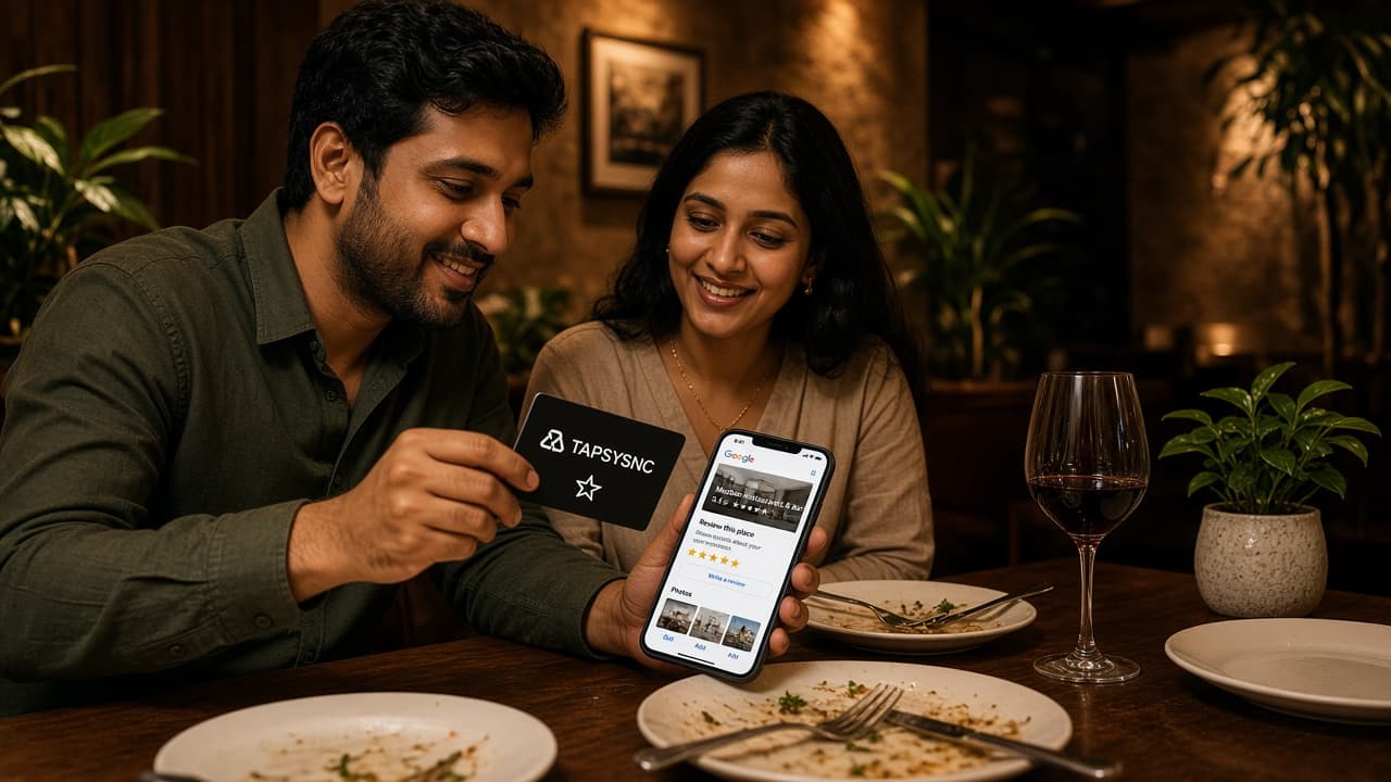 Tapping a TAPSYNC Google Review card opens Google on an iPhone