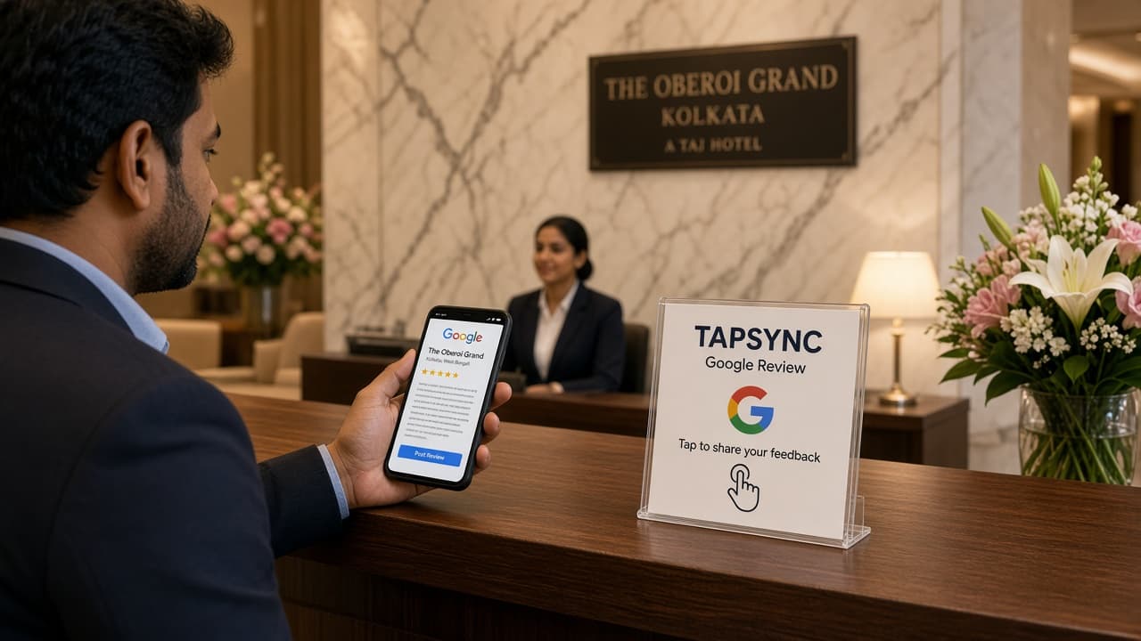 A TAPSYNC Review stand on a hotel reception desk