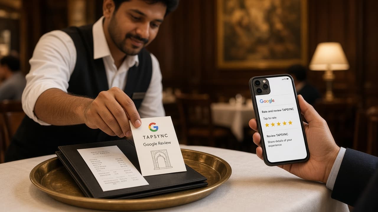 A TAPSYNC Review card on a restaurant bill tray