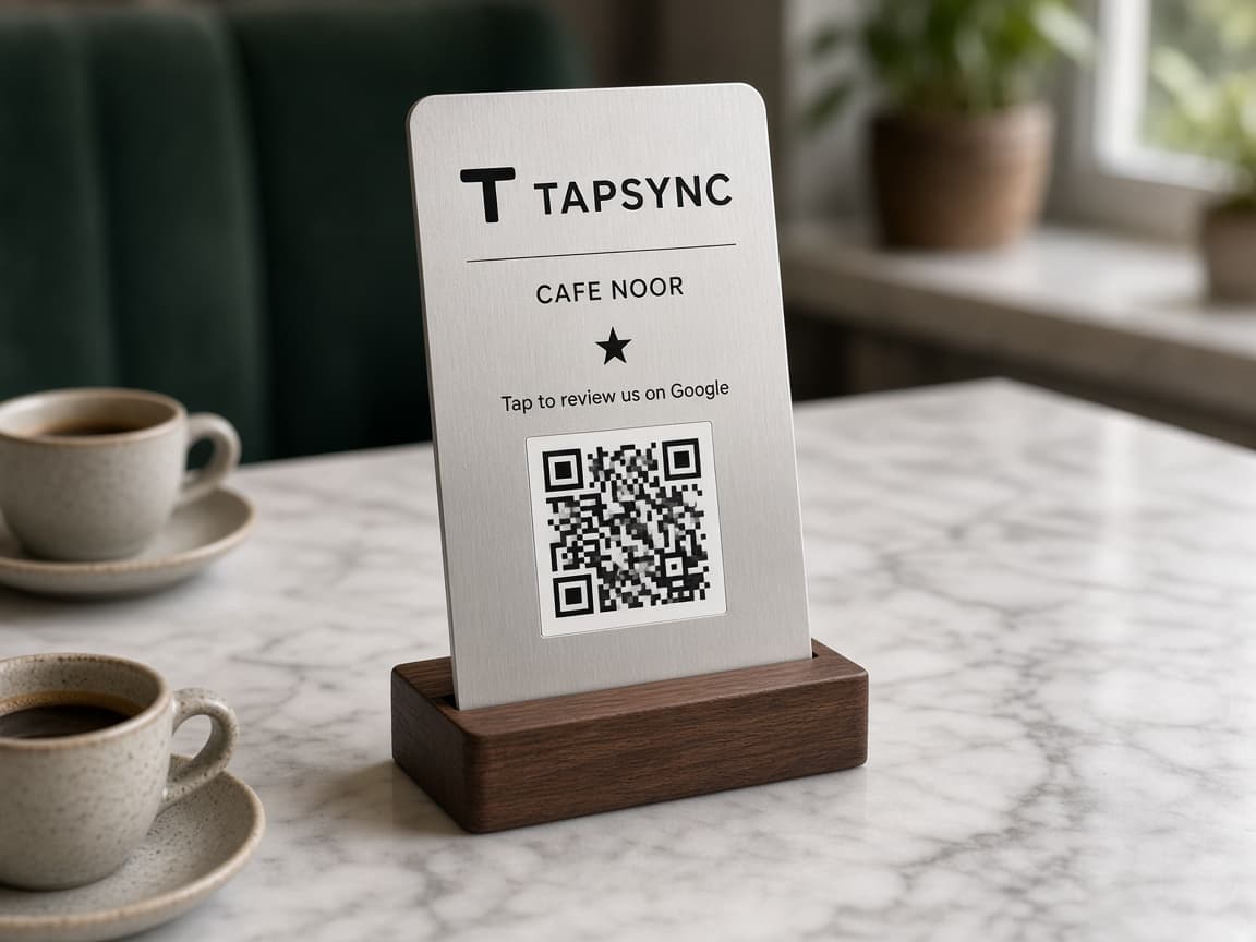 TAPSYNC Google Review stand on a restaurant counter