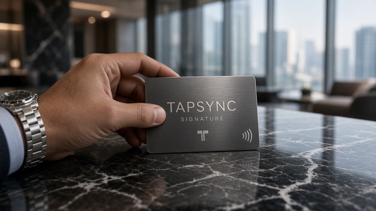 Passing a TAPSYNC Signature metal card across a table