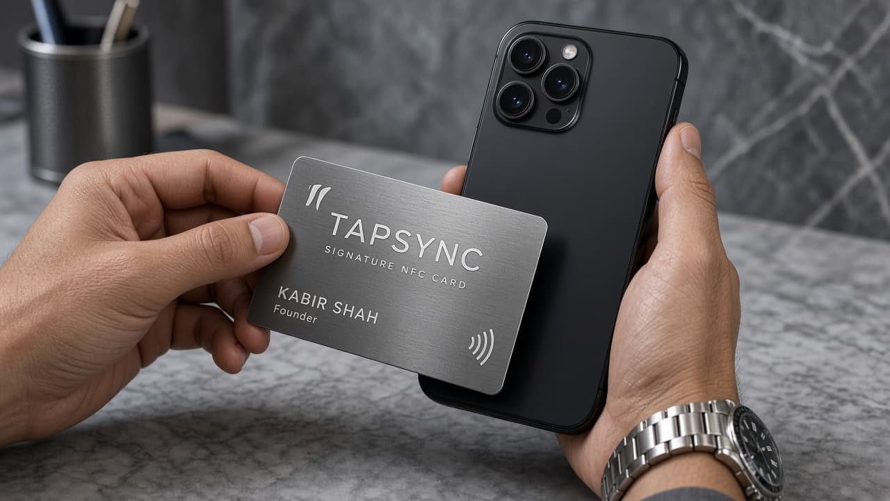 Tapping a TAPSYNC Signature metal card to an iPhone