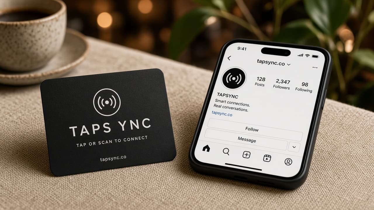 TAPSYNC Social Media card beside an iPhone showing Instagram