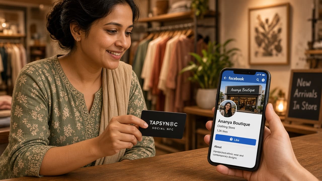 Tapping a TAPSYNC Social card opens a Facebook page on an iPhone