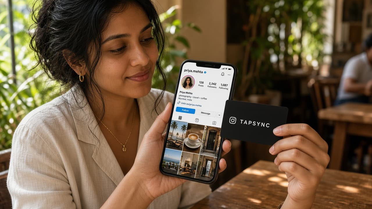 Tapping a TAPSYNC Social card. Instagram, YouTube, Facebook, LinkedIn or WhatsApp opens on their phone.