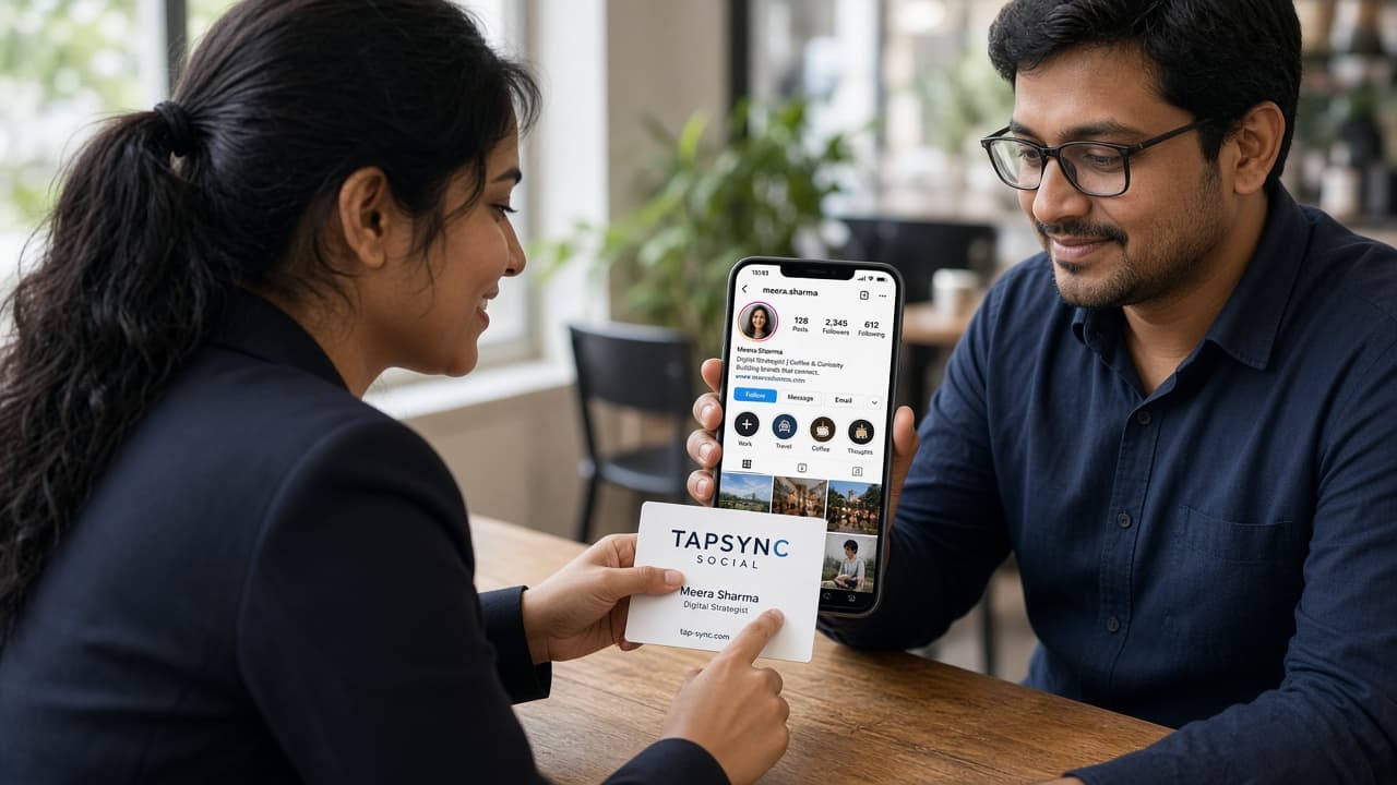 Tapping a TAPSYNC Social card opens Instagram on an iPhone