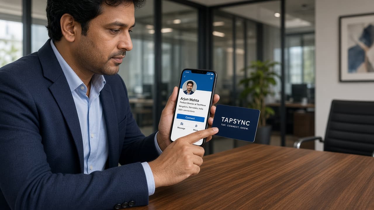 Tapping a TAPSYNC Social card opens LinkedIn on an iPhone