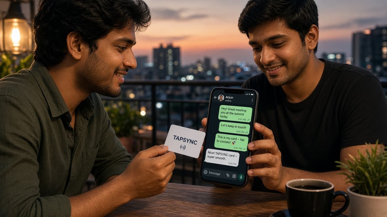 Tapping a TAPSYNC Social card opens WhatsApp on an iPhone