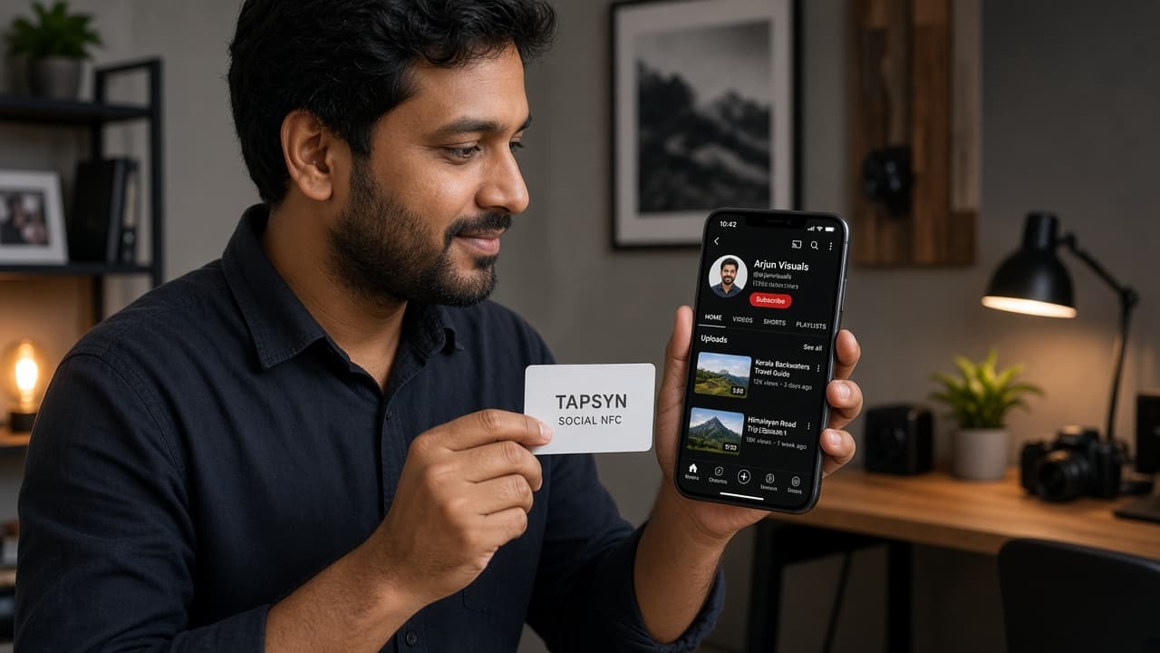 Tapping a TAPSYNC Social card opens a YouTube channel on an iPhone