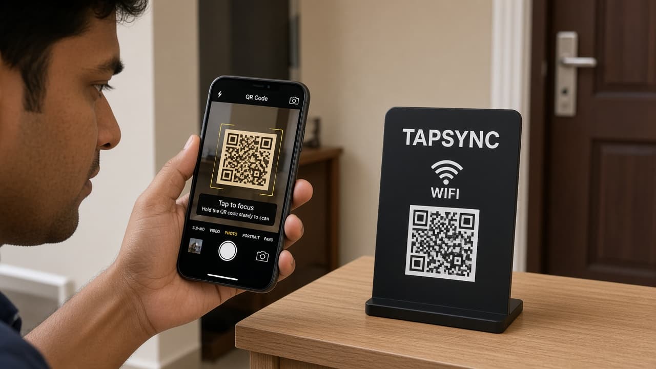 A guest scanning a TAPSYNC Smart Wi-Fi stand with an iPhone camera