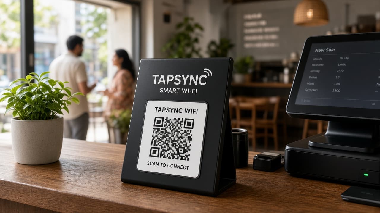 TAPSYNC Smart Wi-Fi stand where guests arrive